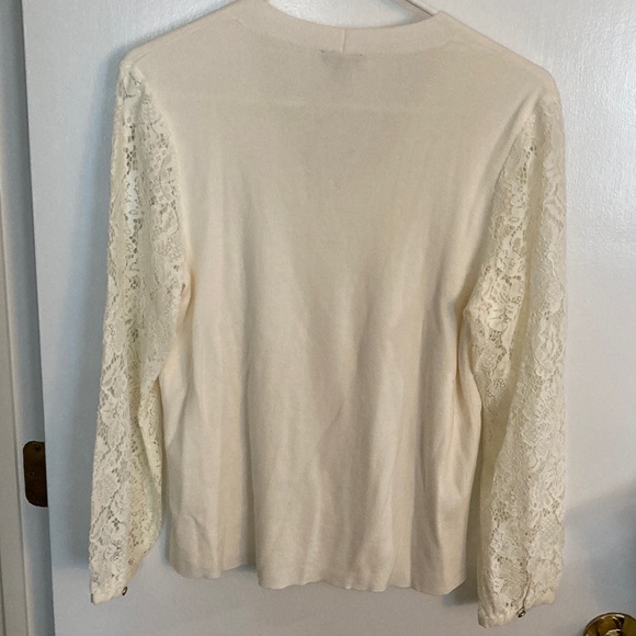 Talbots Ivory V Neck Sweater with Lace Sleeves. Size, LP - Picture 5 of 8